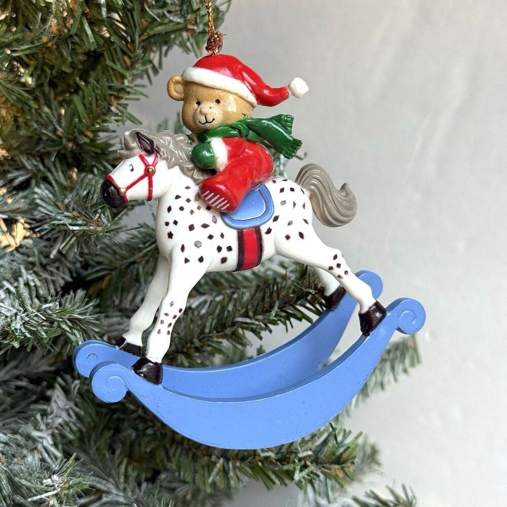 Vintage Plastic Rocking Horse with Teddy Bear Ornament Spotted Horse Christmas - Picture 1 of 5